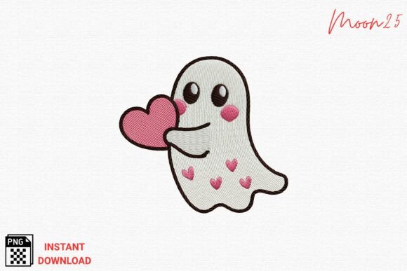 Cute Ghost Holding Heart Embroidery PNG for Spooky & Sweet Projects