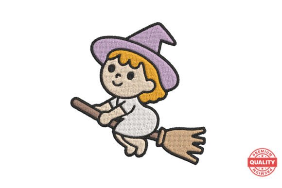 Cute Witch on Broom Embroidery for Real Projects